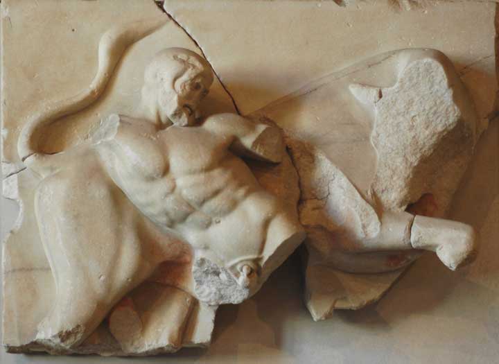 Heracles and the Bull, Metope Zeus Temple, Louvre MA716