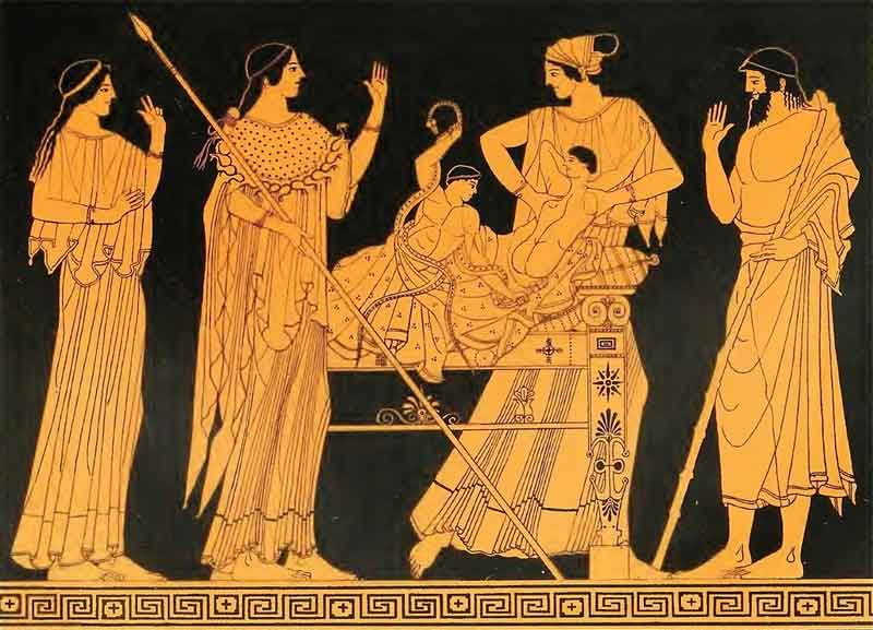 Herakles, Iphikles und Alkmene, Athena mit Lanze, rechts Amphitryon 