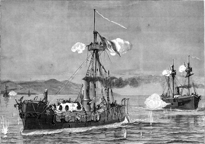 THE PERUVIAN IRONCLAD HUASCAR ATTACKED BY TWO CHILIAN IRONCLADS.
