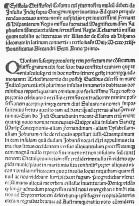 FIRST PAGE, COLUMBUS'S FIRST LETTER, LATIN EDITION, 1493.