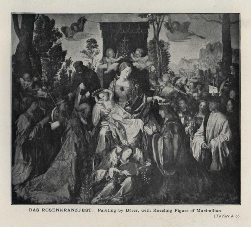DAS ROSENKRANZFEST. Painting by Dürer, with Kneeling Figure of Maximilian