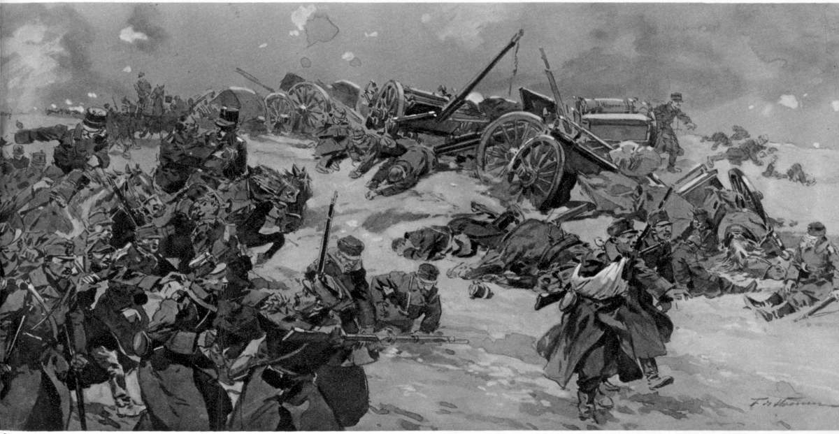 THE AUSTRIAN DÉBÂCLE: A DISASTROUS MARCH UNDER CONTINUAL SHELL-FIRE FROM SERBIAN ARTILLERY.--From the Painting by Frédèric de Haenen. (right half)