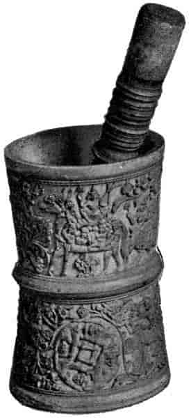 Ivory Mortar and Pestle, decorated with representations of scenes from the Life of Krishna
