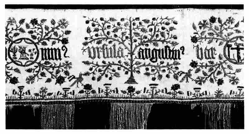 Plate IV.—A portion of an Altar Cloth Band, embroidered in coloured silk threads upon a white linen ground.