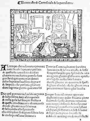 Woodcut and text from a chapbook Contrasto di Carnesciale e la Quaresima