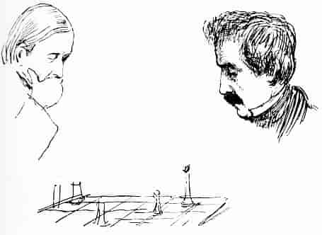 CHARLES HALLÉ AND MANUEL GARCIA PLAYING CHESS. (Reproduced from an Original Sketch by Richard Doyle.)