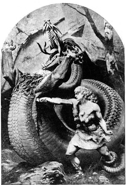 Siegfried slaying the dragon with a sword.