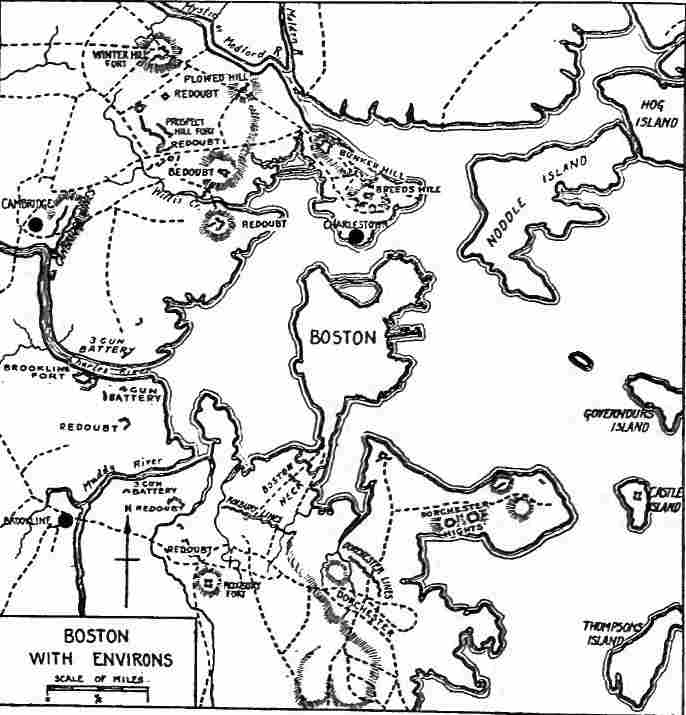 Boston with Environs During the Revolution (Based on map in G.O. Trevelyan, The American Revolution, Part I, at end).