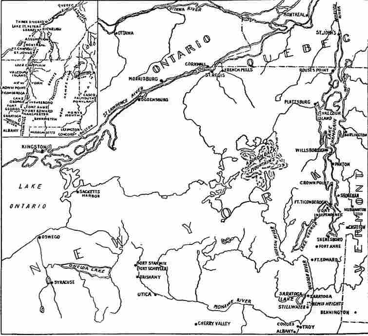 The Region of Burgoyne's Invasion (The large map is based on E.G. Foster's Historical Chart; the inset is from Trevelyan, The American Revolution, Part II, Vol. I).