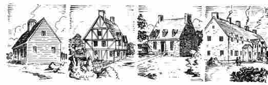 [Illustration: Jamestown house types: simple frame, half-timber, brick, and row. (Conjectural sketches by Sidney E. King.)]