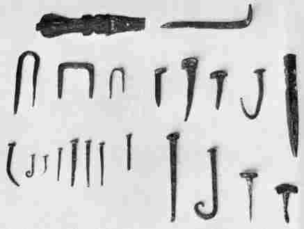[Illustration: Some nails, spikes, staples, and other iron hardware used at Jamestown over 300 years ago.]