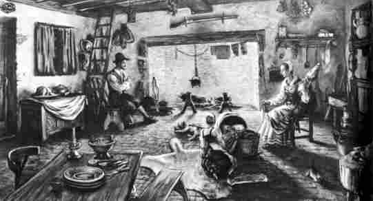 [Illustration: The interior of a small Jamestown house, about 1650. Although the painting is conjectural, many items shown—pottery, glassware, fireplace tools, and kitchen accessories—were unearthed on this historic island. (Painting by Sidney E. King.)]]