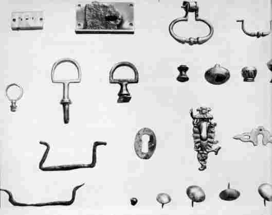 [Illustration: Furniture hardware and accessories found. Much of the furniture used in the Jamestown houses was made in Virginia.]