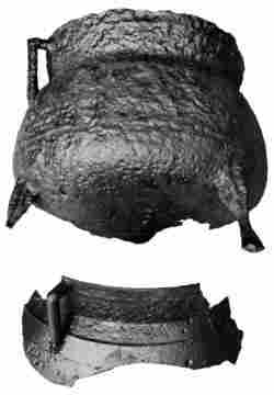 [Illustration: An iron pot and pot fragment unearthed at Jamestown—types used during the 17th century.]
