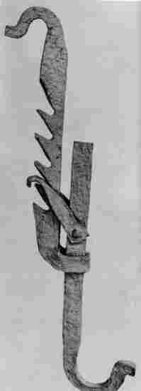 [Illustration: A wrought-iron trammel used for hanging a pot from a fireplace crane. The adjustable hook made it possible to raise or lower the pot.]
