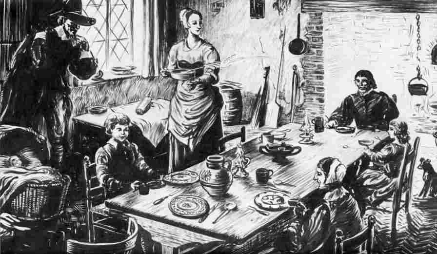 [Illustration: A family enjoying a meal, about 1650. Many of the eating and drinking vessels portrayed, together with much of the tableware, are types which have been excavated. (Conjectural sketch by Sidney E. King.)]