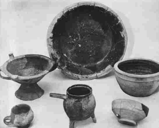 [Illustration: A few examples of lead-glazed earthenware made in England during the 17th century. All were unearthed at Jamestown.]