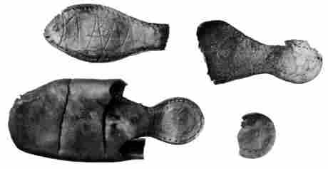 [Illustration: A leather shoe and several leather shoe soles were uncovered in an early 17th-century well.]