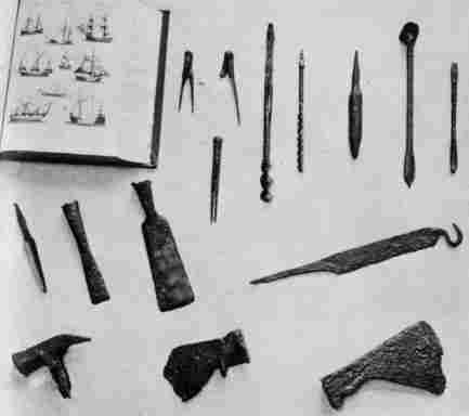 [Illustration: Boat-building tools found, all made before 1700.]