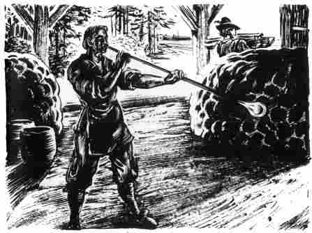 [Illustration: Blowing glass at Jamestown in 1608. (Conjectural sketch by Sidney E. King.)]