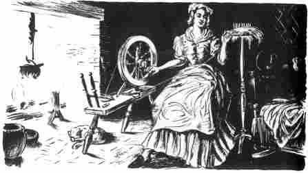 [Illustration: Spinning thread or yarn and weaving cloth were endless chores for the women living in the small wilderness settlement. (Conjectural sketch by Sidney E. King.)]