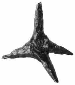 [Illustration: The caltrop unearthed at Jamestown. This sharp-pointed instrument was thrown on the ground to impede an enemy’s infantry and cavalry.]