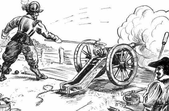 [Illustration: Firing a demiculverine from a bastion at “James Fort.” (Conjectural sketch by Sidney E. King.)]
