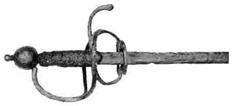 [Illustration: Hilt and portion of blade of a swept-hilt rapier excavated at Jamestown of the 1600-1610 period.]