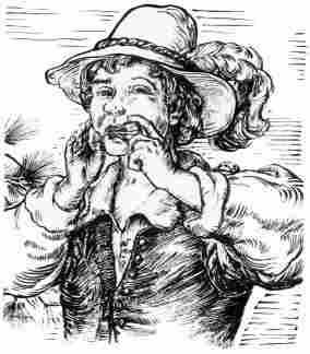 [Illustration: Playing a Jew’s harp—enjoying a little music in the Virginia wilderness. (Conjectural sketch by Sidney E. King.)]