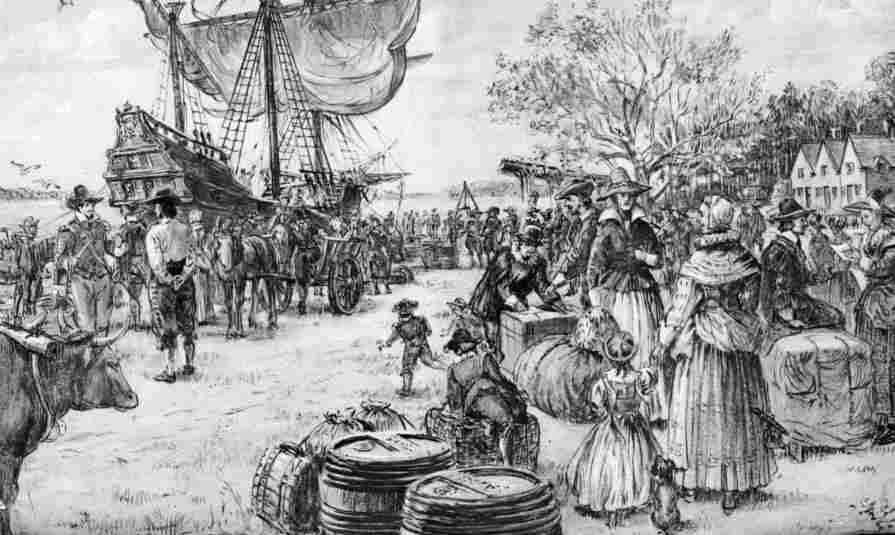 [Illustration: A wharf scene—arrival of a ship from the mother country. (Conjectural sketch by Sidney E. King.)]
