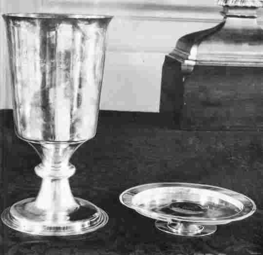 [Illustration: Communion silver used in the Jamestown church after 1661. Both the chalice and paten were made in London, and donated to the church by Lt. Gov. Francis Morrison (or Moryson) in 1661. On both pieces is the legend: “Mixe not holy thinges with profane.”]