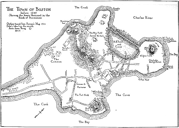 The Town of Boston before 1645 Showing the Streets Mentioned in the Book of Possessions Outline traced from Bonner’s Map 1722 Details token from the records Annie Haven Thwing © 1914