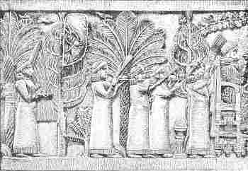Fig. 27.—Feast of Assurbanipal; from Kouyundjik. British Museum. Height 20¾ inches. No. 1, The servants of the feast.