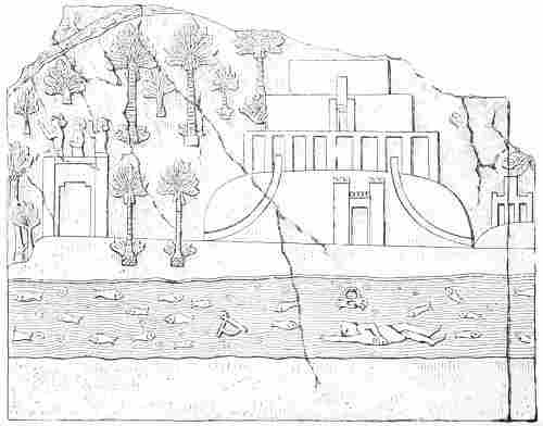 Fig. 34.—Temple; from a Kouyundjik bas-relief. Rawlinson, vol. i. p. 314.