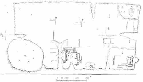 Fig. 145.—General plan of the remains at Nimroud; from Layard. 1, 2, 3 Trenches, 4 Central palace, 5 Tombs, 6 South-eastern edifice, 7 South-western palace, 8 North-western palace, 9 High pyramidal mound.