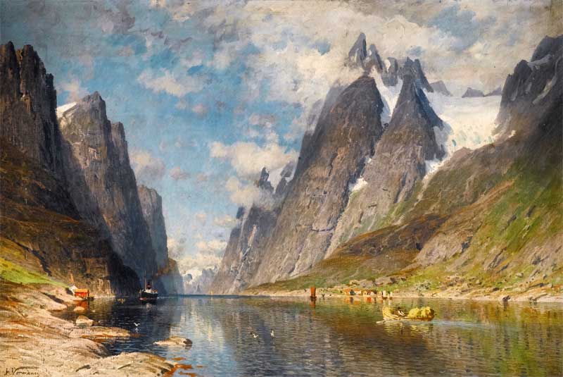 A Norwegian Fjord, possiblt the Sognefjord. Adelsteen Normann