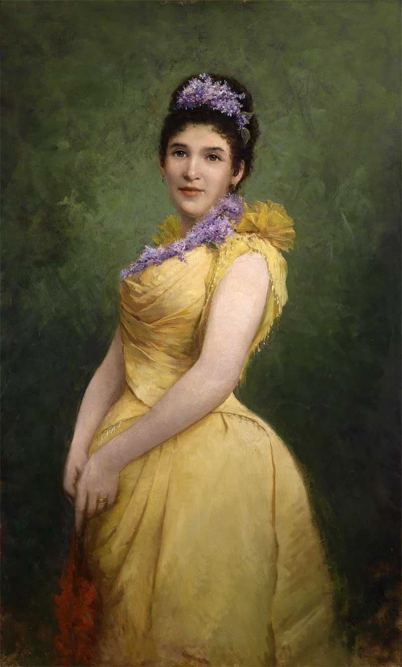Lady in yellow dress and lilac in her hair. Adolf Echtler