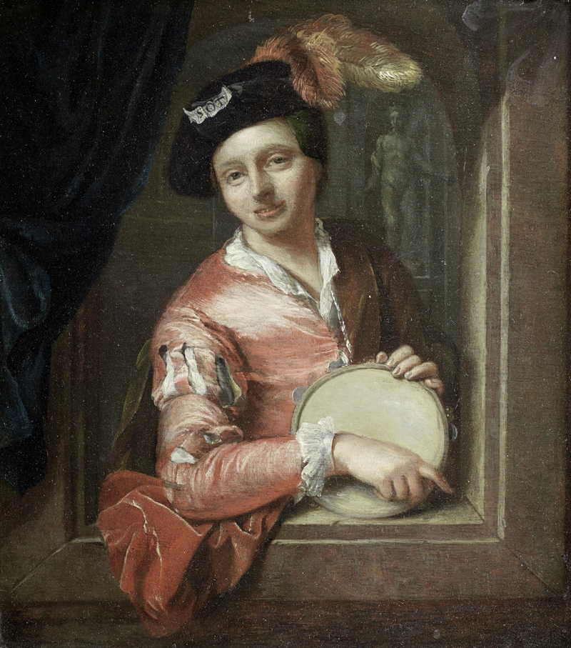 A young boy holding a tambourine, at an arch, Attributed to Arnold Boonen
