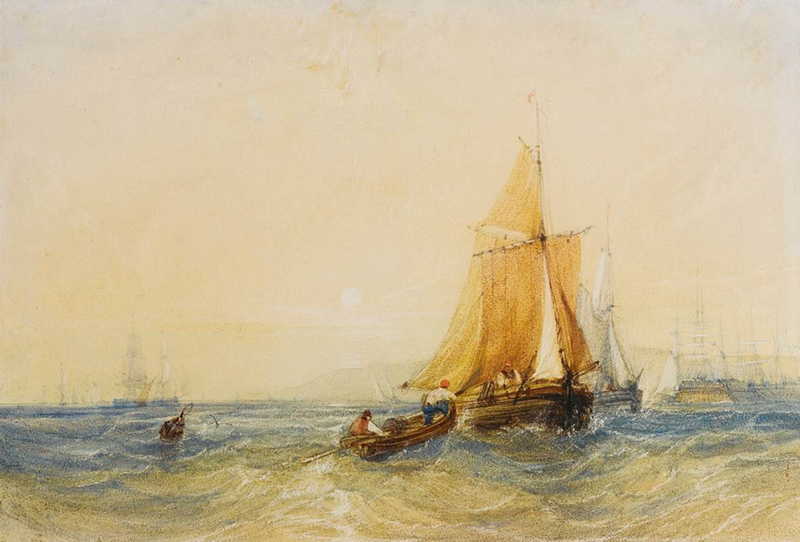 Fishing Boats at Sunset off a Harbour. Charles Bentley