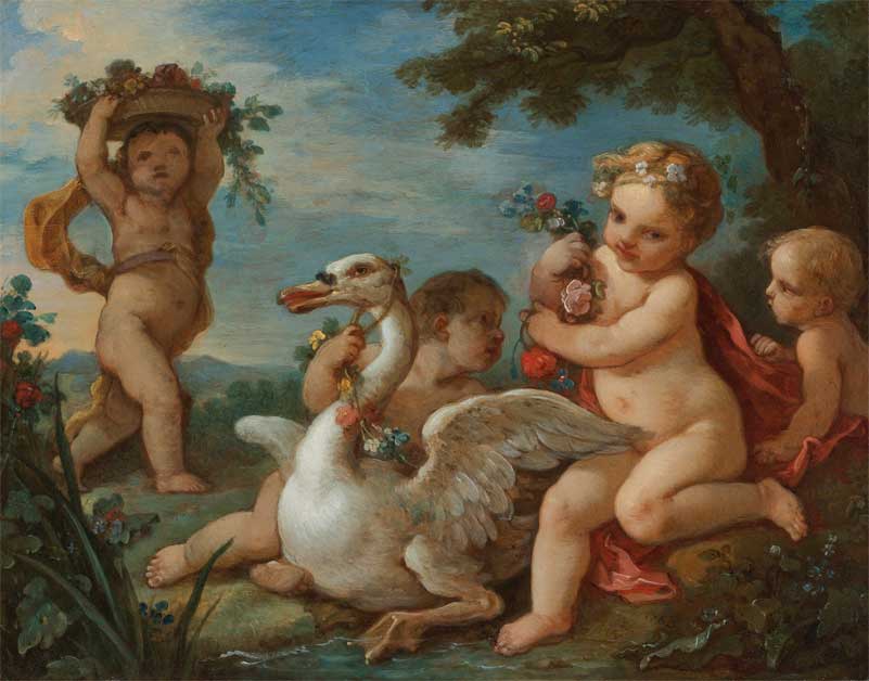 Putti adorning a Swan with a Garland of Flowers. Charles-Joseph Natoire