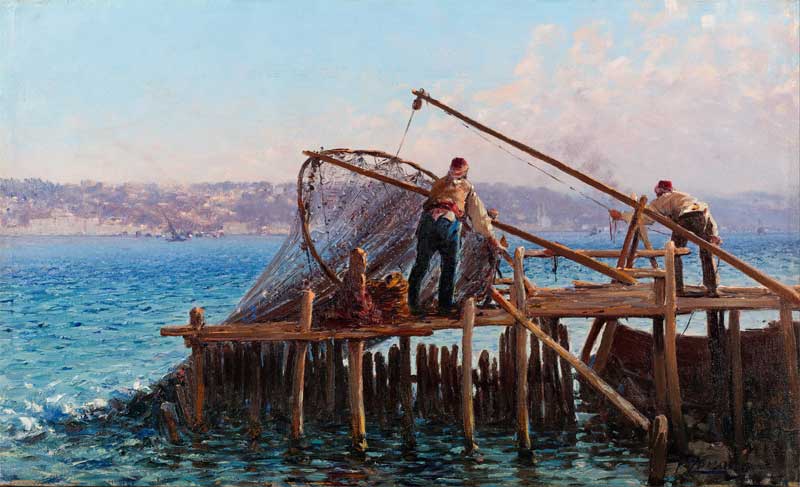 Fishermen Bringing in the Catch . Fausto Zonaro