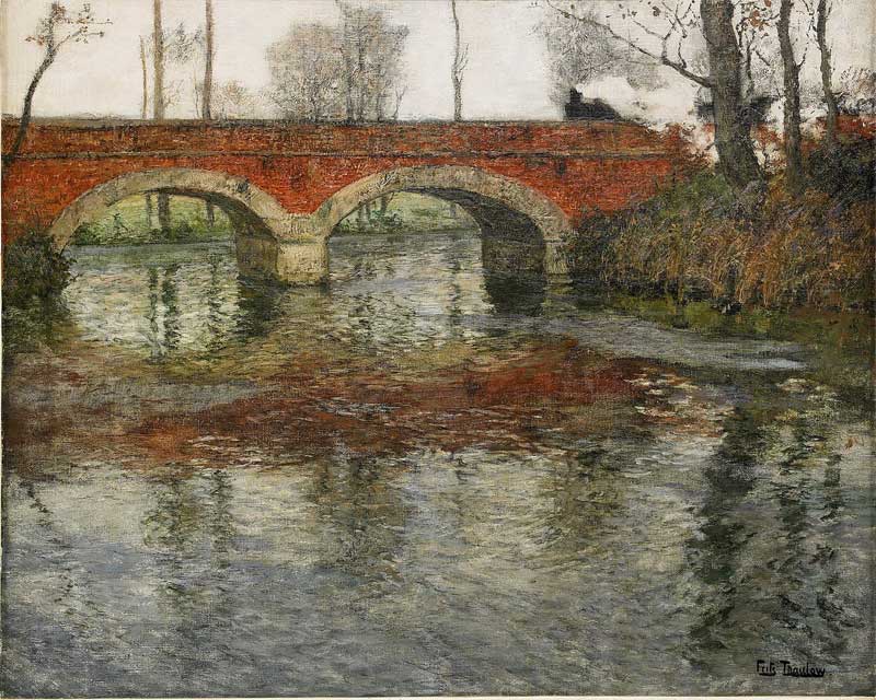 French river landscape with a stone bridge, Frits Thaulow