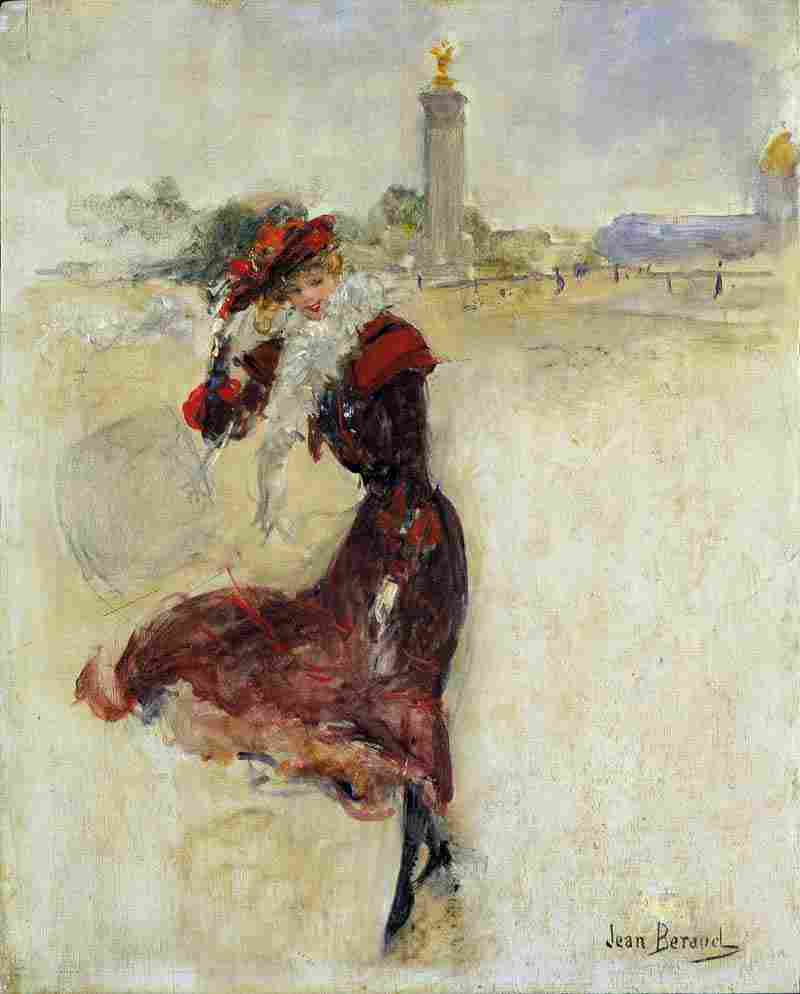 Windy day, a girl in a red dress, Jean Beraud