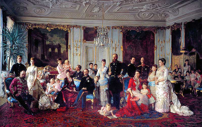 Christian IX of Denmark with his large family of European royalty gathered in the garden hall at Fredensborg Palace.  Laurits Tuxen