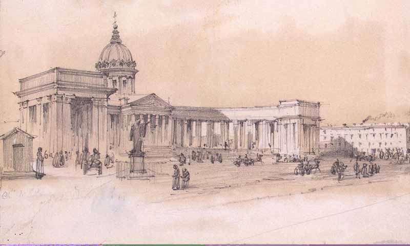 View of the Cathedral of Our Lady of Kazan from Nevsky Prospekt St Petersburg Sketch, Luigi Premazzi