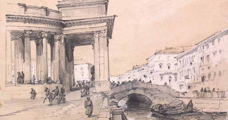 View of the Cathedral of Our Lady of Kazan from the Catherine Canal St Petersburg Sketch, Luigi Premazzi