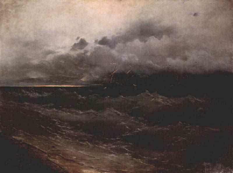 Ships in a stormy sea, sunrise, Ivan Konstantinovich Aivazovsky