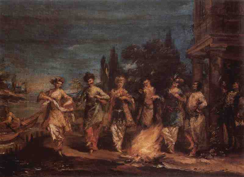 Dance of three Turkish couples in front of a fire. Giovanni Antonio Guardi