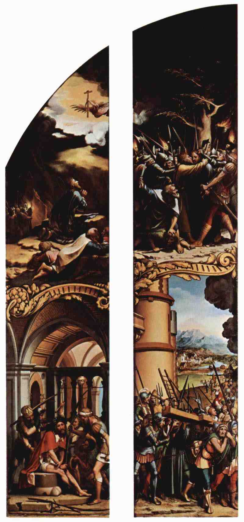 Passion altar, left outer panel Scenes: Mocking of Christ, Christ on the Mount of Olives, left inner panel Scenes: Cross and Judas kiss. Hans Holbein the Younger