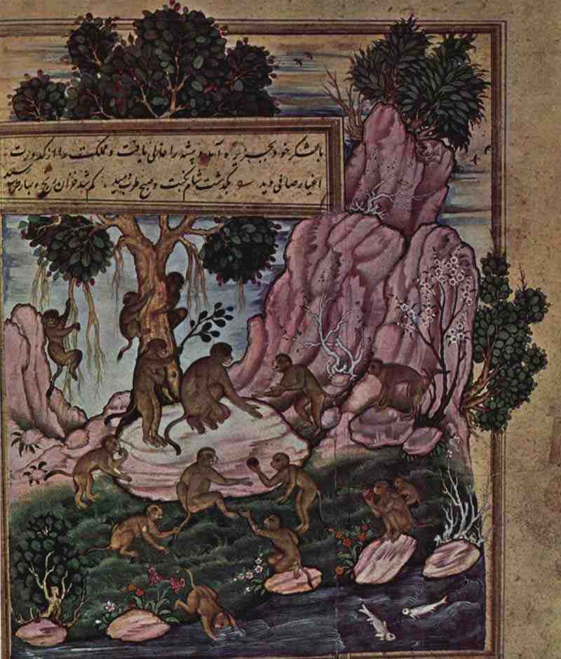 Anvar-i Suhaili Scene: Playing Monkeys. Indian painter around 1570